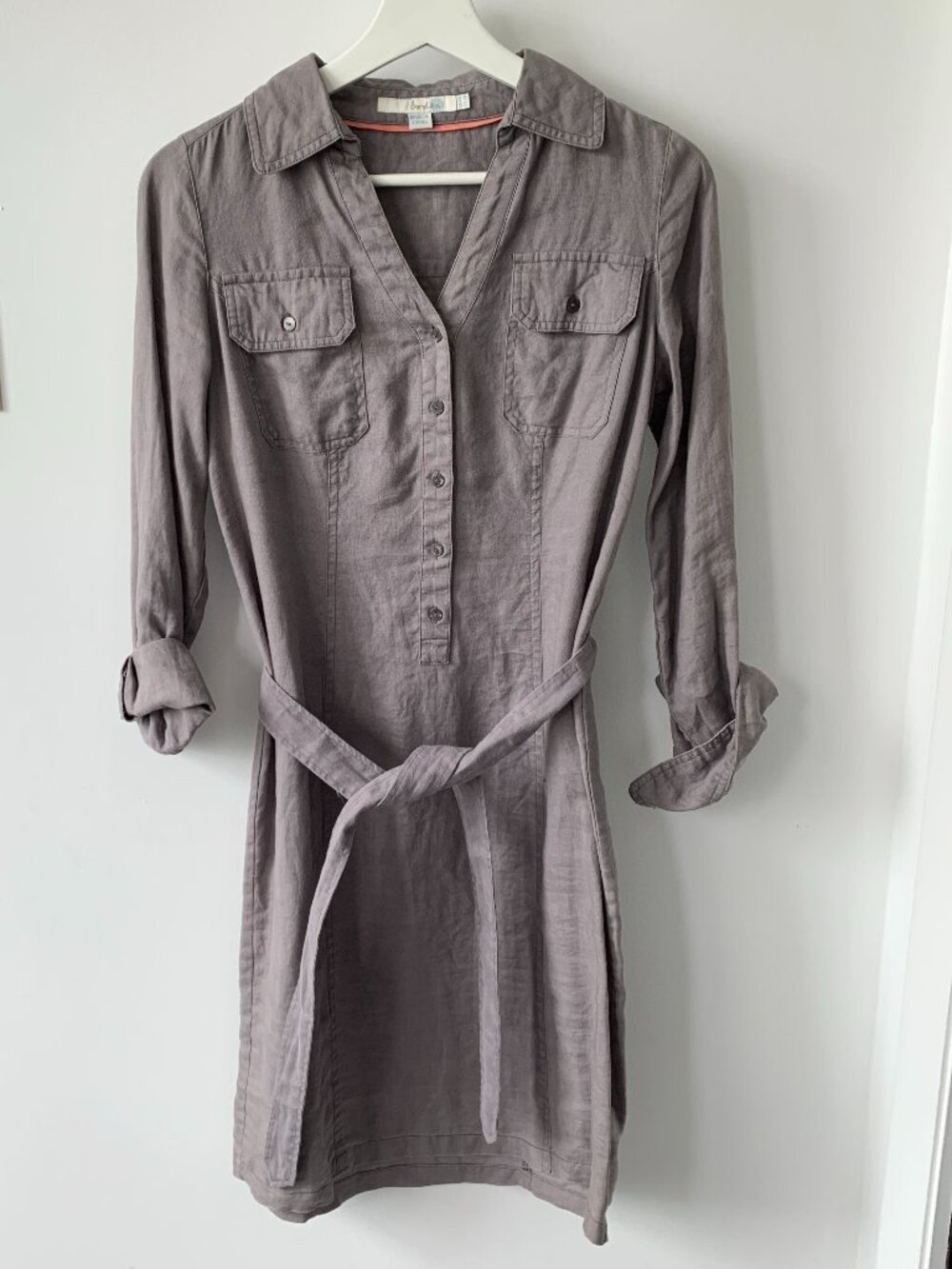 Boden Linen Shirt Dress with Roll Tab Sleeves Belt and Button Front Grey Size 2